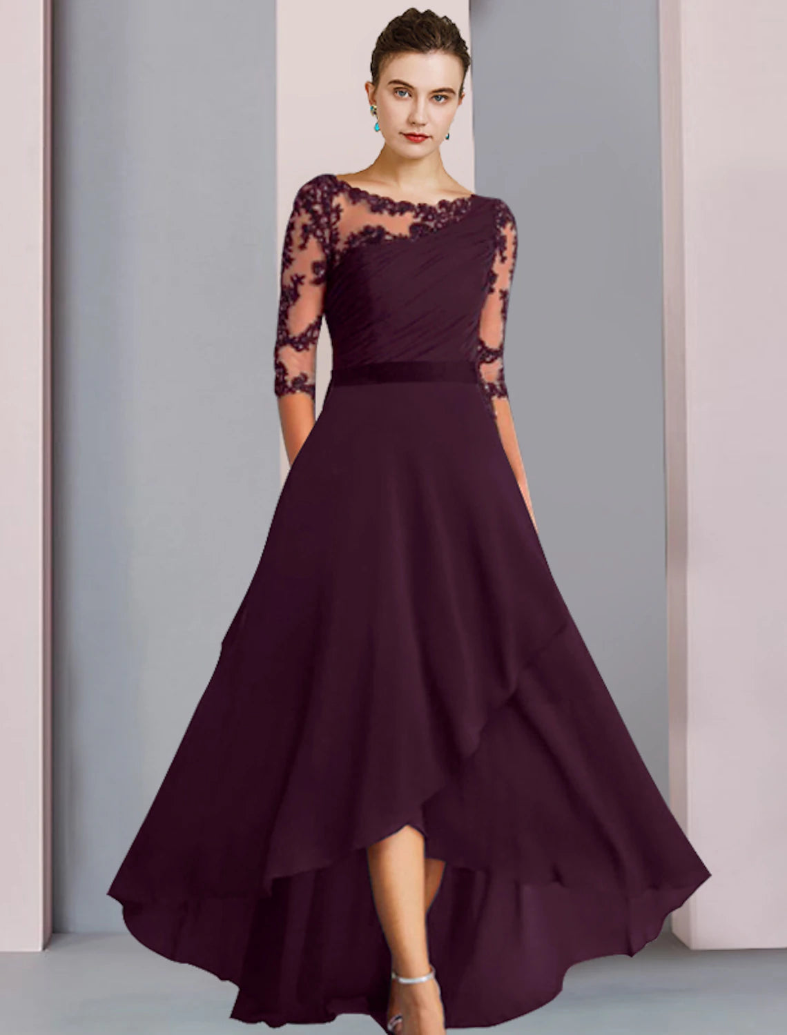 A-line Bride Mom's dignified and atmospheric dress Wedding guests High and low spoon necklines Asymmetric tea length Chiffon lace half sleeve stickers