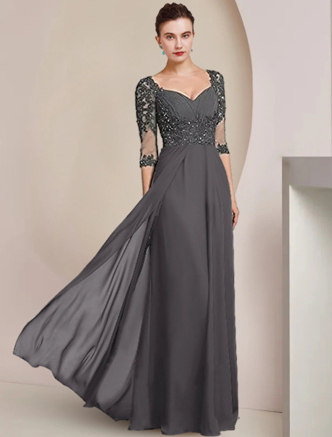 Set of pillars bride mother dignified dress formal wedding guests square neck to floor length chiffon lace 3/4 long sleeves with sequin stickers and pleats