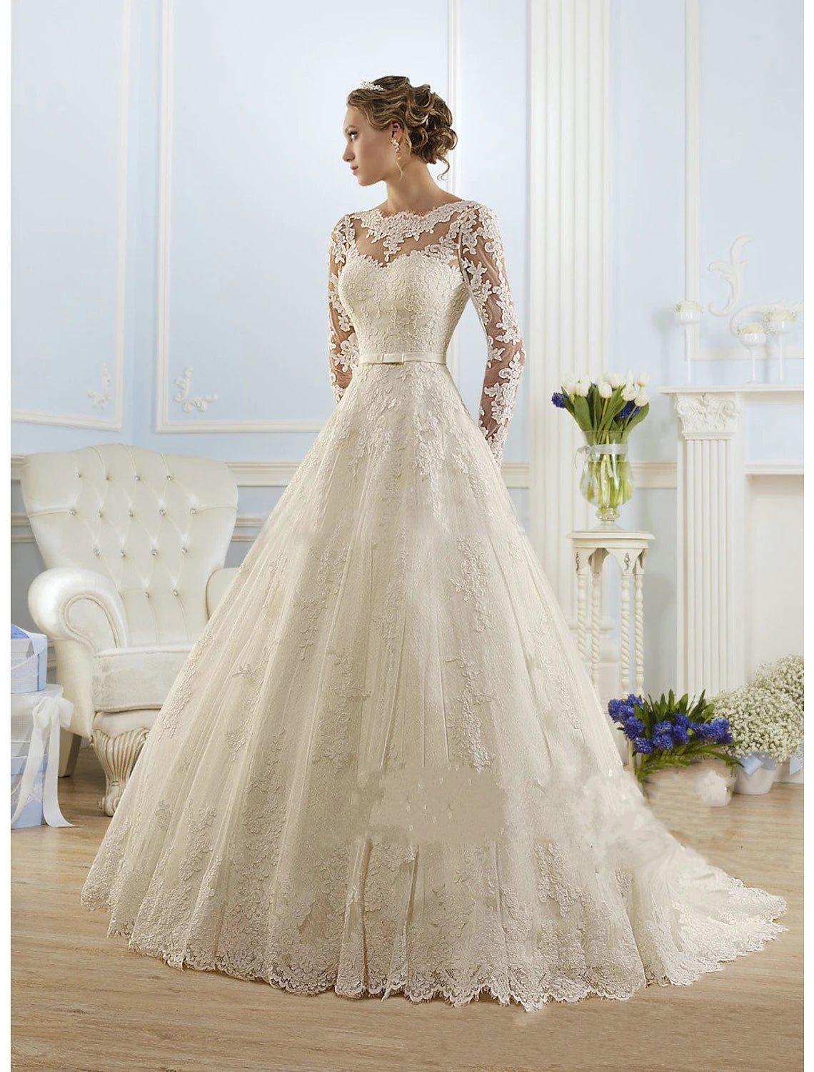 Engagement, formal wedding dress, ball dress, long sleeved court drag tail, lace bridal dress with stickers