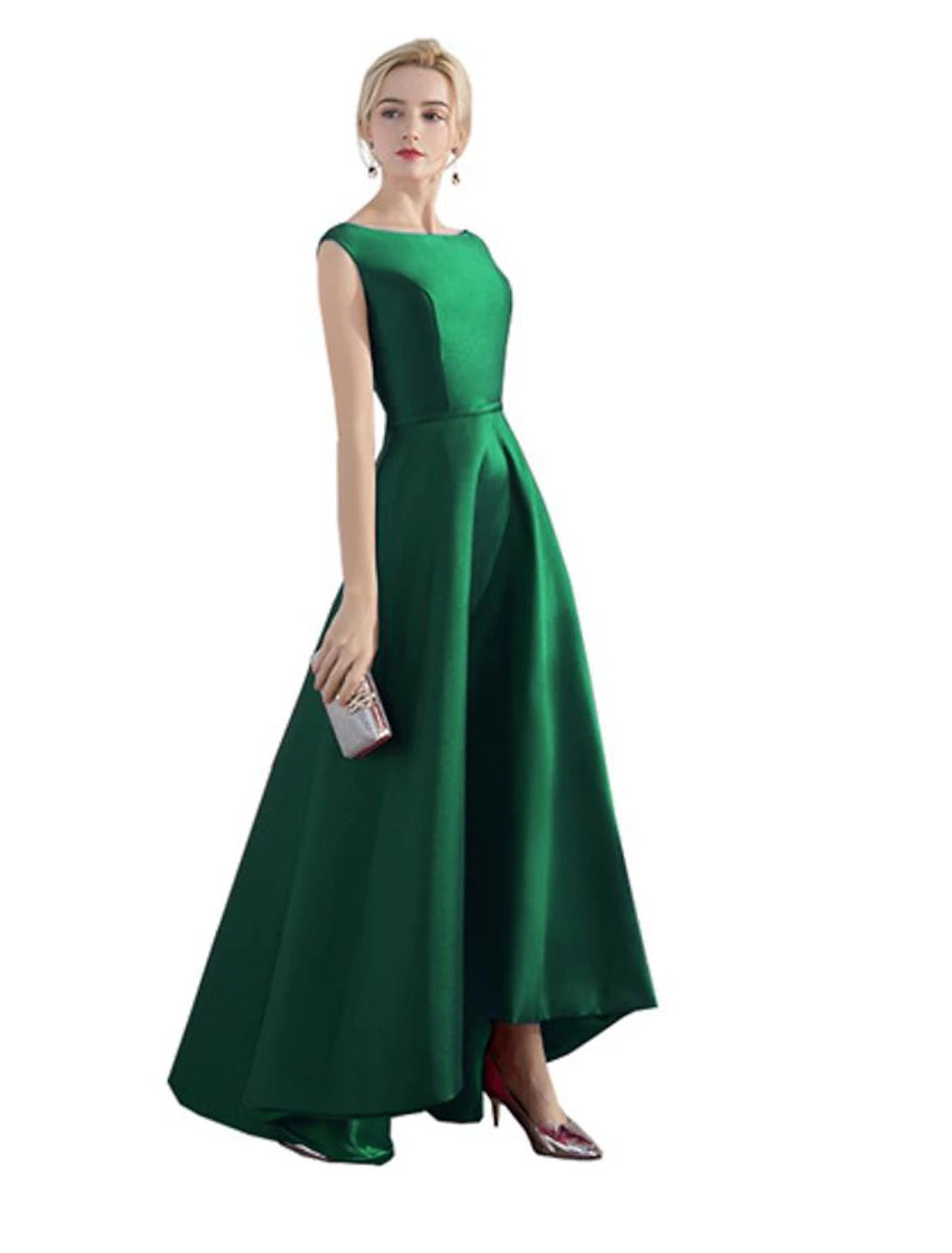 A-line Evening Dress Wedding Guest Party Asymmetric Sleeveless Jewel Neck Satin Fashion