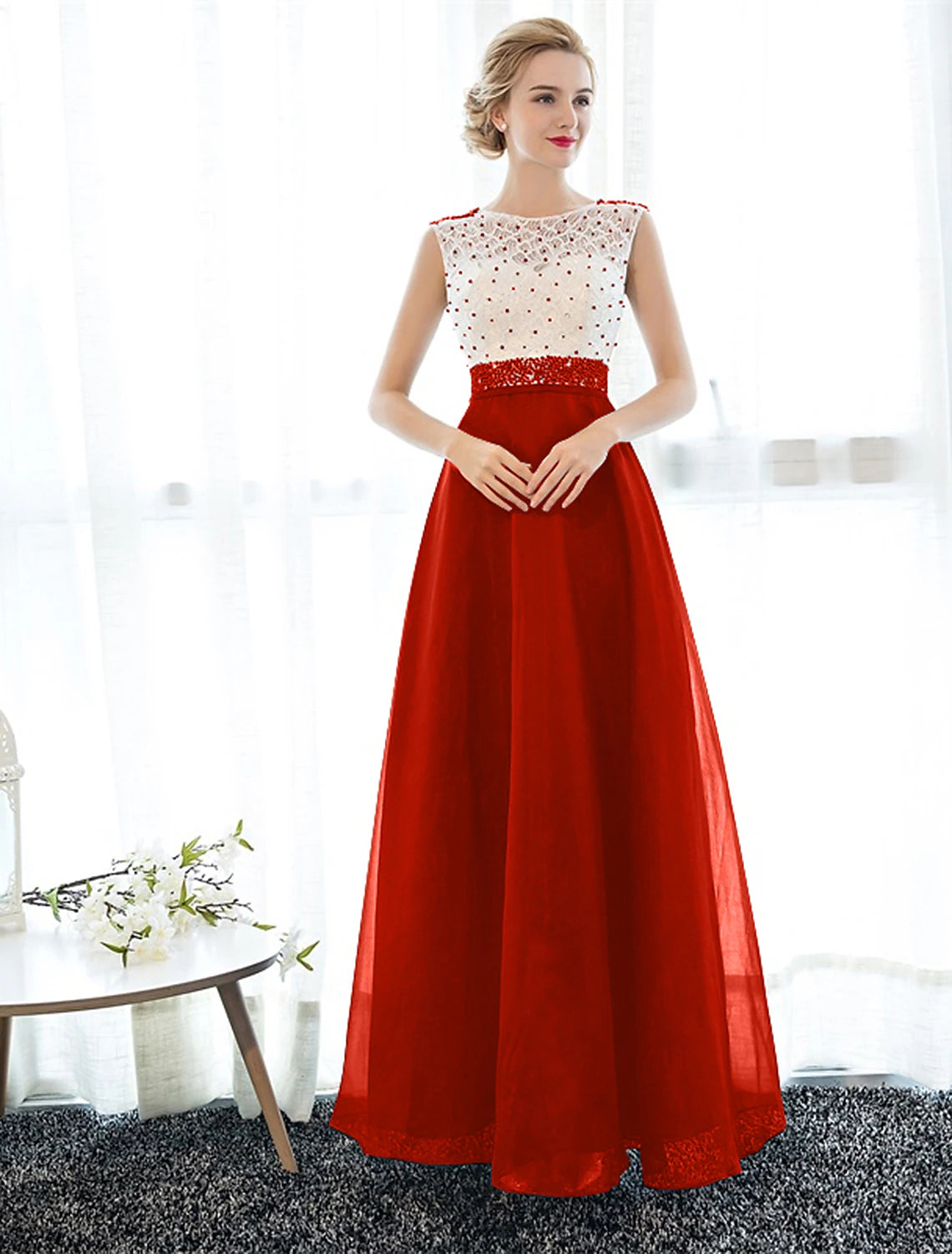 A-line Elegant Wedding Guest Ball Dress with Floor Length Sleeveless Phantom Neckline Lace Beads