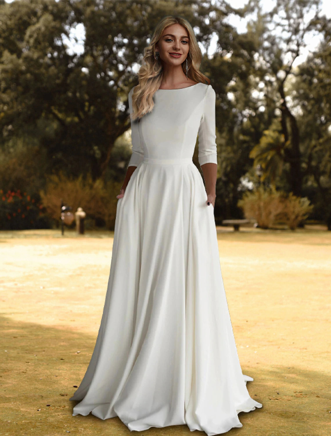 Casual wedding dress A-line low round neck 3/4 long sleeved broomstick tail elastic fabric bride dress with pleats