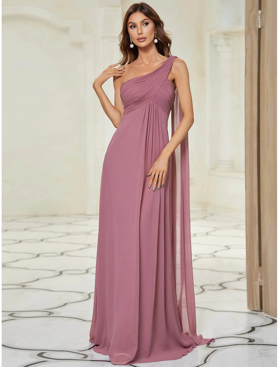 A-line generous and dignified evening dress imperial wedding formal banquet for guests and floor length sleeveless one shoulder bridesmaid dress chiffon open strap pleats