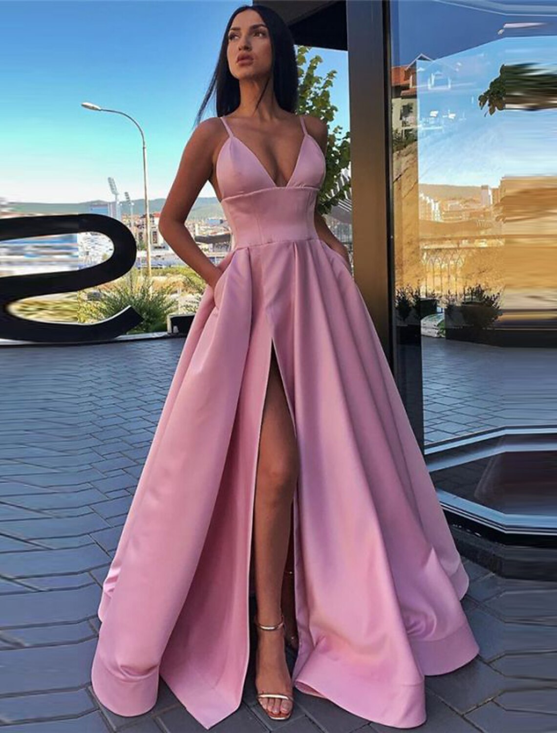 A-shaped black dress ball dress high slit evening dress day and summer dress thin shoulder strap sleeveless sweeping/brush trailing satin pleats