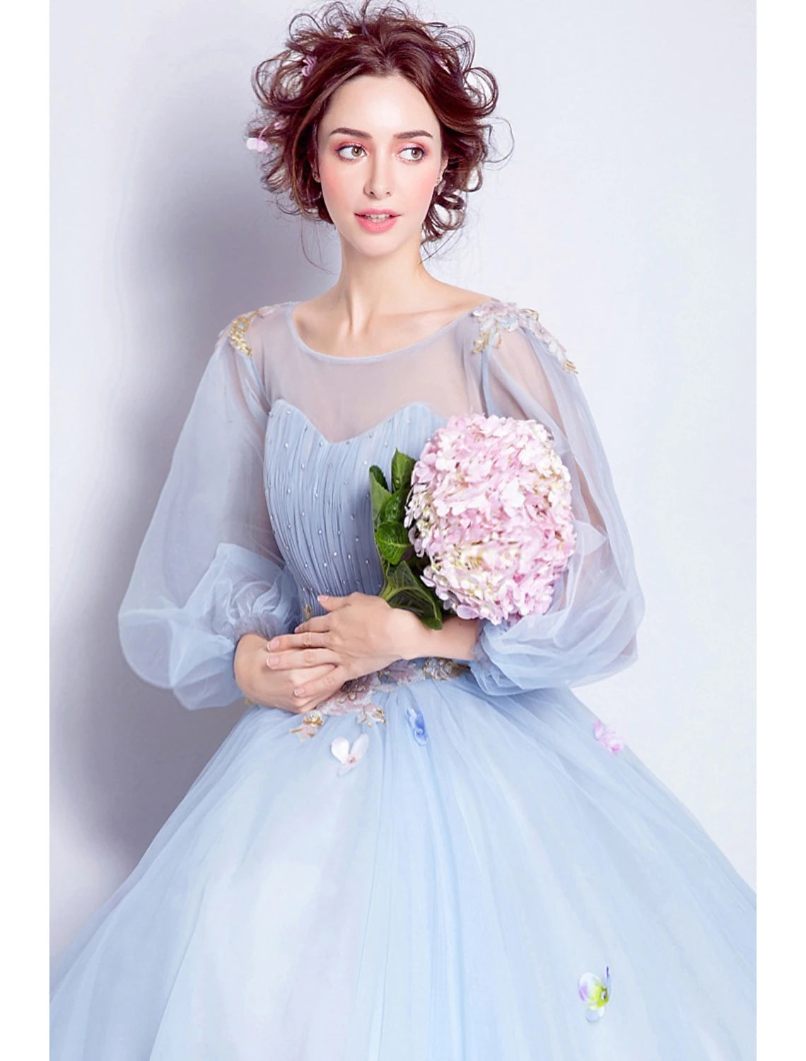 Elegant ball dress for adult engagement ground length 3/4 long sleeved Phantom neckline sheer with pleated stickers
