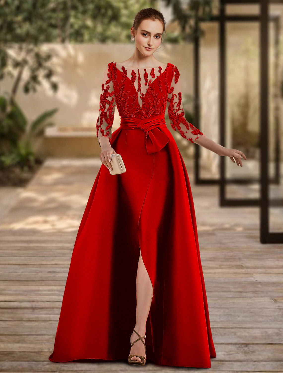 A-line backless evening dress formal wedding guests floor length 3/4 long sleeved low round neckline lace with slit and tie up