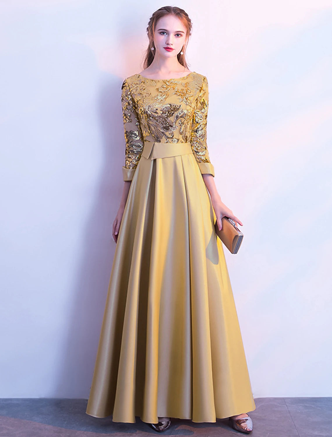 A-shaped Elegant Bridesmaid Dress with Jewel Neck Long Sleeves Beautiful Back Floor to Floor Length Satin sheer sequin ribbons pleats