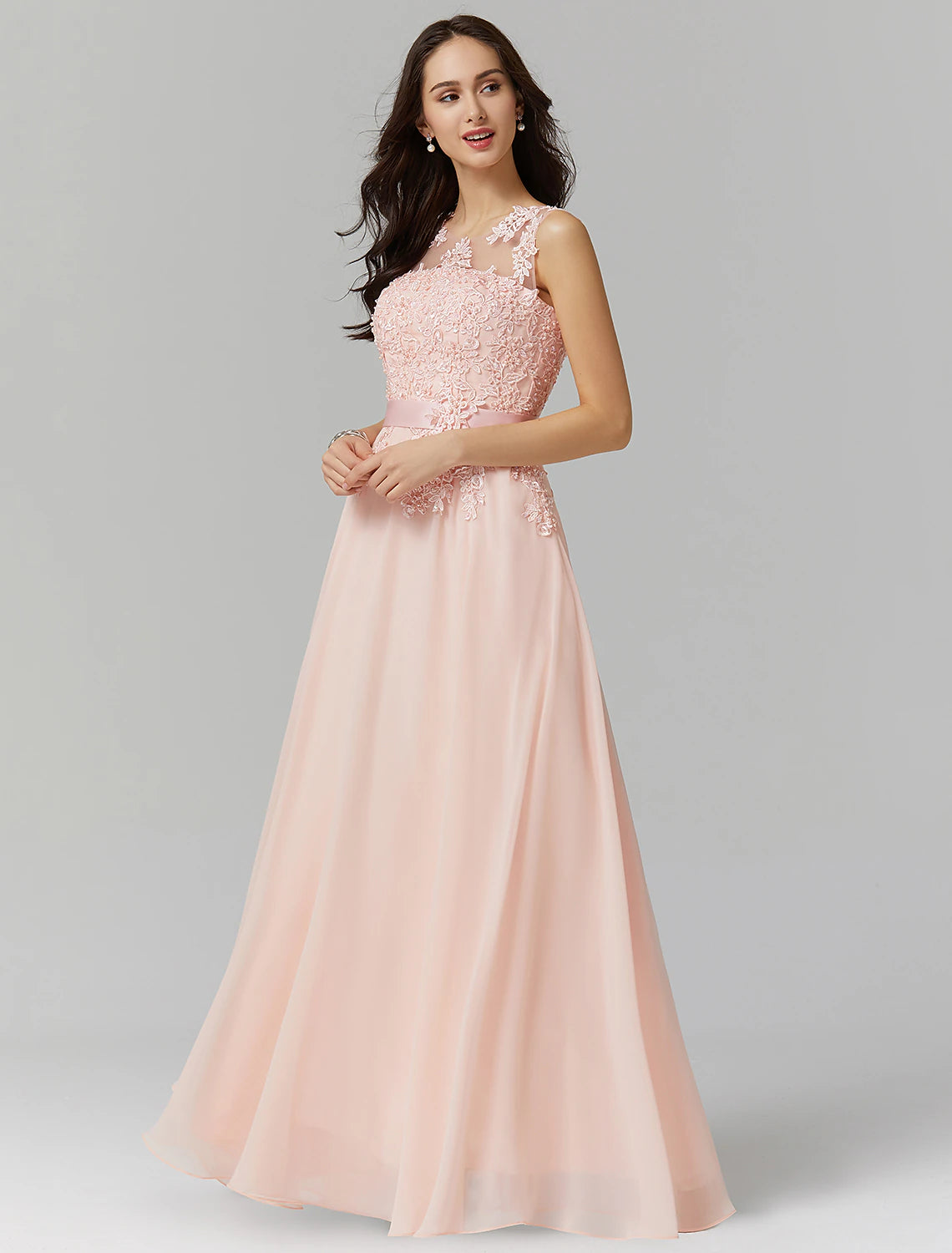 A-line Evening Dress Elegant Decal Dress Wedding Guest Ball and Floor Length Sleeveless Perspective Collar Bridesmaid Dress Georgette