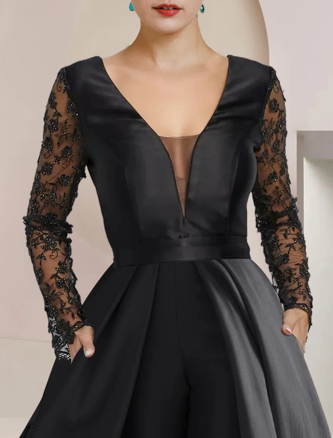 Jumpsuit bride's mother wedding guests elegant party V-neck to floor length satin lace ribbon and decal