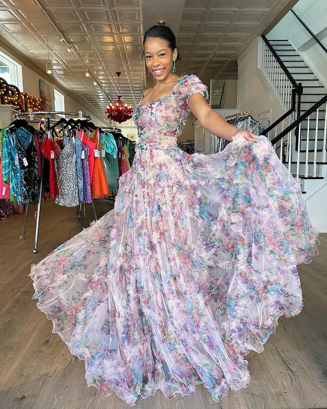Square flower print floor mopping fashion ball dress evening dress