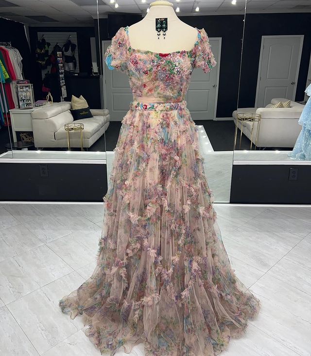 Square flower print floor mopping fashion ball dress evening dress