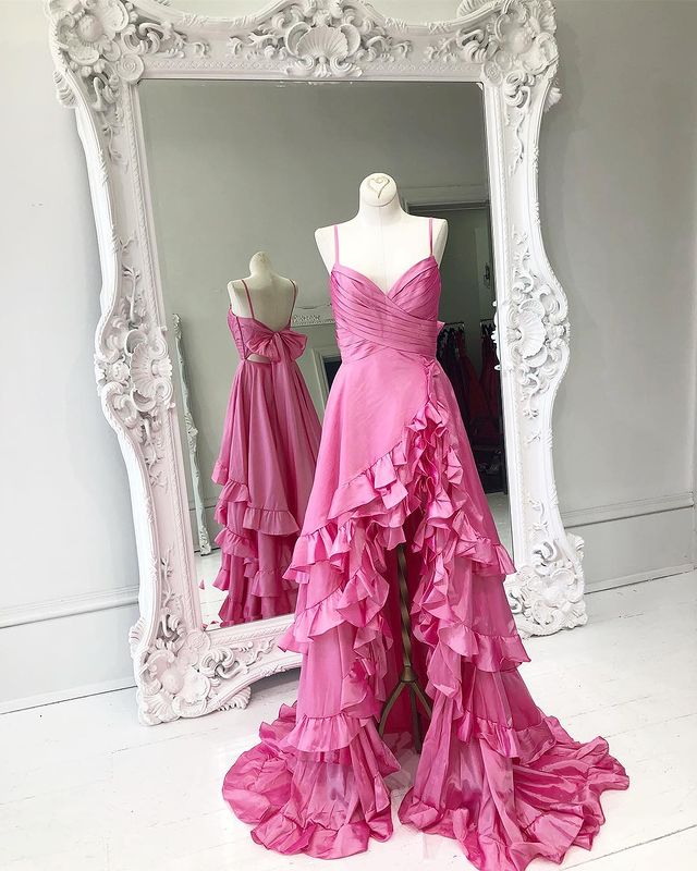 Elegant Asymmetric Ball Dress A-line Italian Noodle Strap Satin Bow