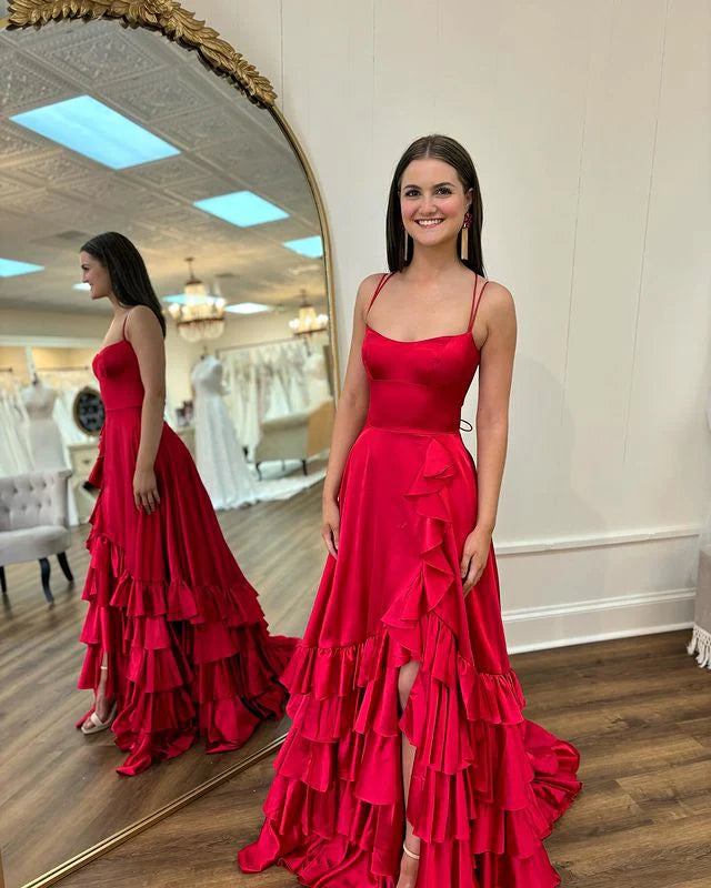 Sexy and elegant side slit long spaghetti strap dance dress with fluffy straps