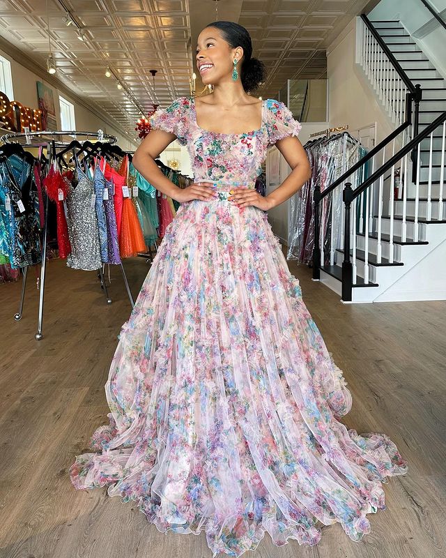 Square flower print floor mopping fashion ball dress evening dress