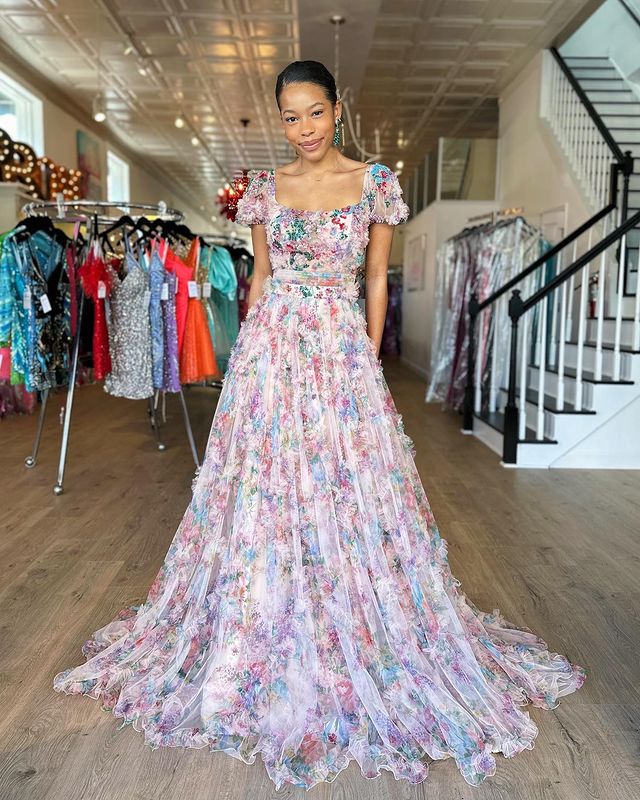 Square flower print floor mopping fashion ball dress evening dress