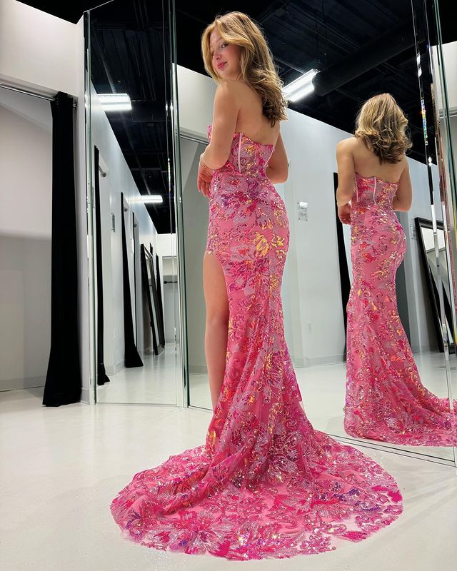 Sexy strapless pink front slit simple and elegant long ball dress