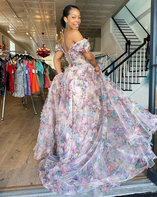Square flower print floor mopping fashion ball dress evening dress