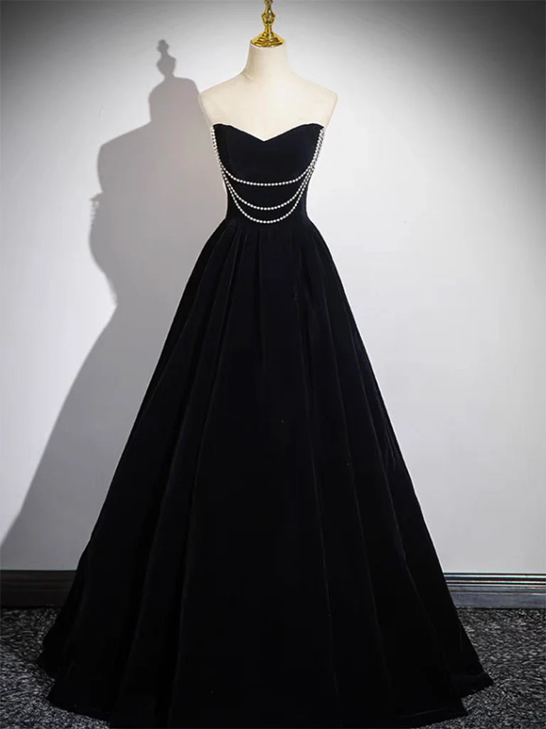 A-Line Black Velvet Long Evening Dress Black Long Evening Dress
