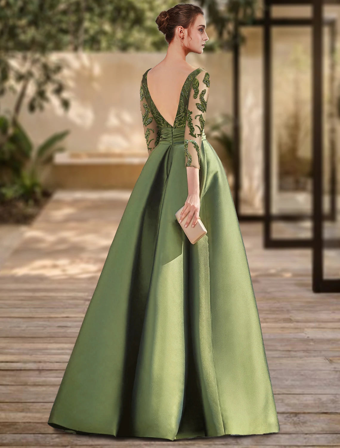 A-line backless evening dress formal wedding guests floor length 3/4 long sleeved low round neckline lace with slit and tie up