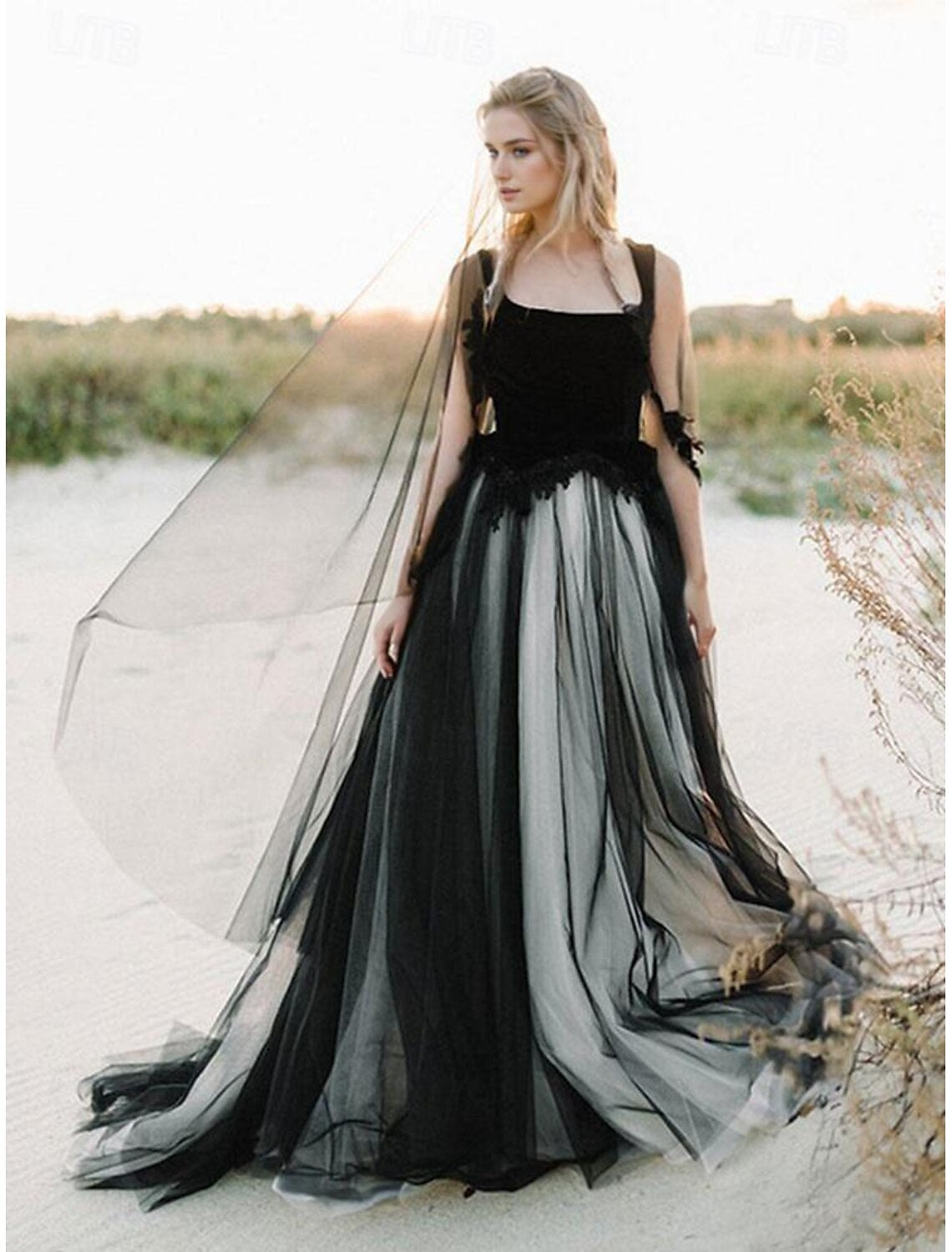 Beach Bohemian style black wedding dress with square neck, thin shoulder strap, sleeveless lace, bride dress with sticker pattern