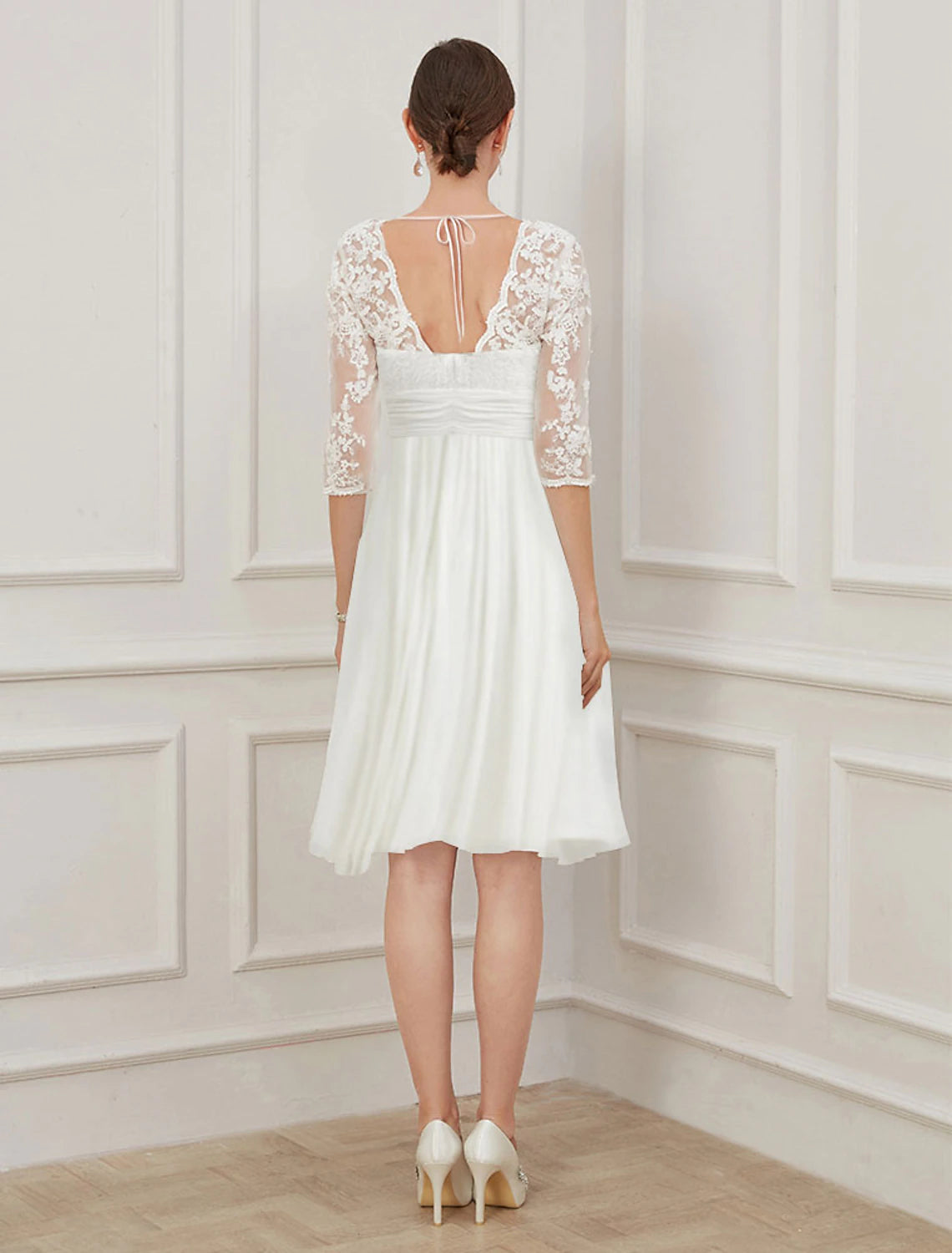 Little white dress wedding dress A-line V-neck half sleeved knee length chiffon bridal dress with pendant stickers