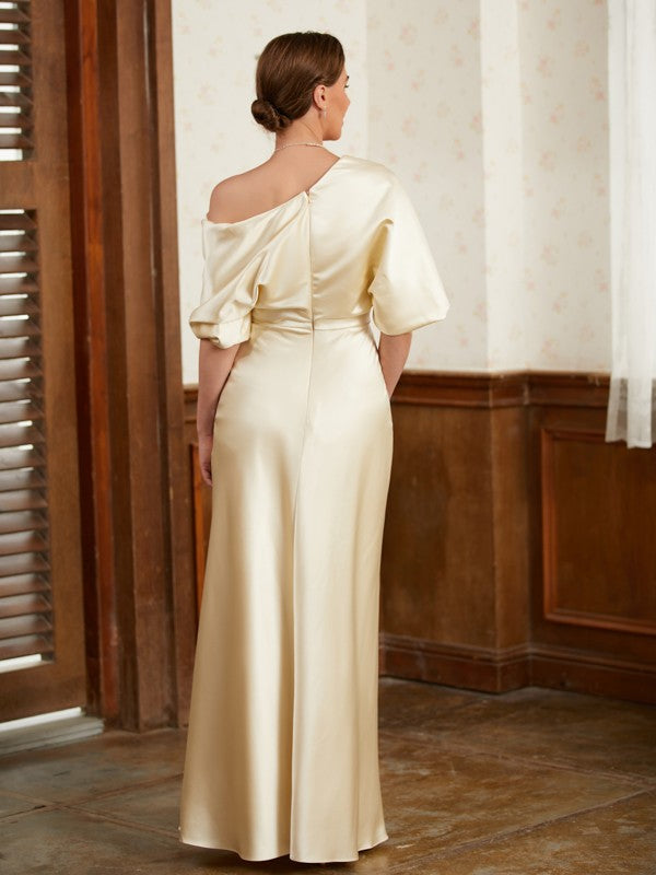 Straight tube satin pleated off shoulder short sleeved and floor length bridal mother dress