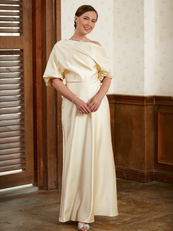 Straight tube satin pleated off shoulder short sleeved and floor length bridal mother dress