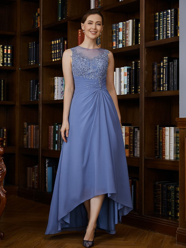 Chiffon Decal Round Neck Sleeveless Asymmetric Bride Mom Wedding Party Dress
