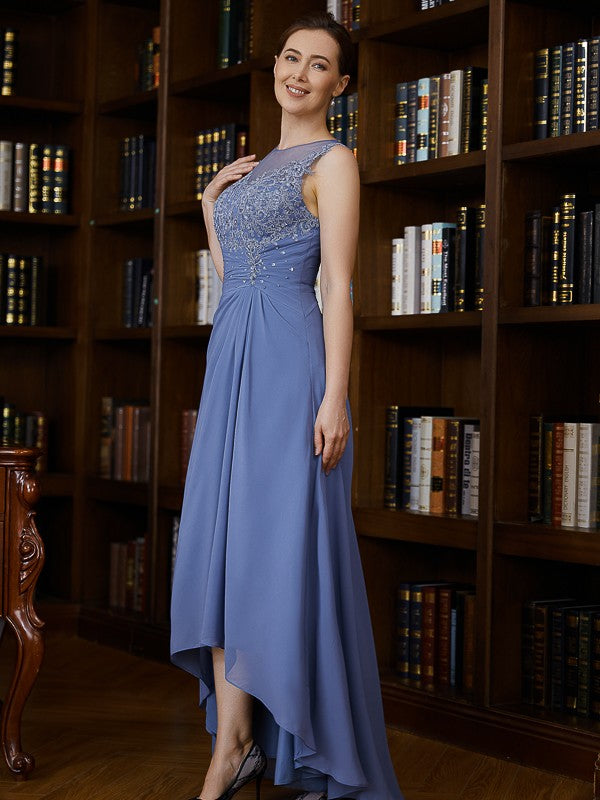 Chiffon Decal Round Neck Sleeveless Asymmetric Bride Mom Wedding Party Dress
