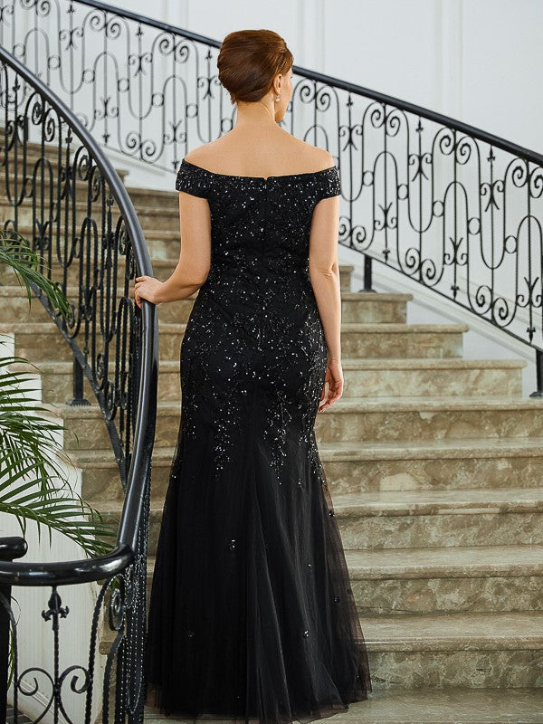 Thin gauze cylindrical thin gauze beaded off shoulder sleeveless and floor length bridal mother dress