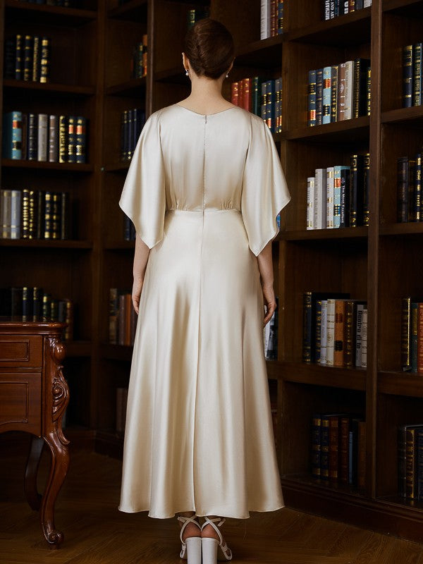 Princess style elegant satin pleated spoon shaped 1/2 sleeve ankle length bridal gown
