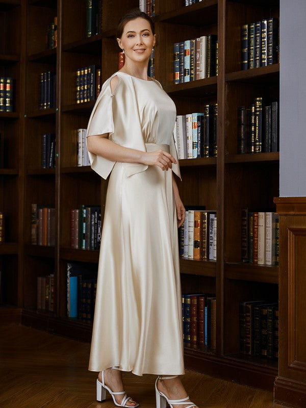 Princess style elegant satin pleated spoon shaped 1/2 sleeve ankle length bridal gown