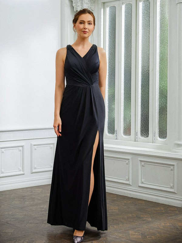 Thin gauze knitted pleated V-neck sleeveless floor length bride's mother's dress