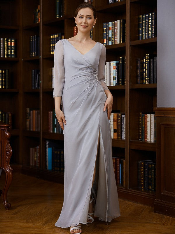 Skirt 30D Chiffon Beaded V-neck 3/4 Sleeve Floor length Bride Mom Dress