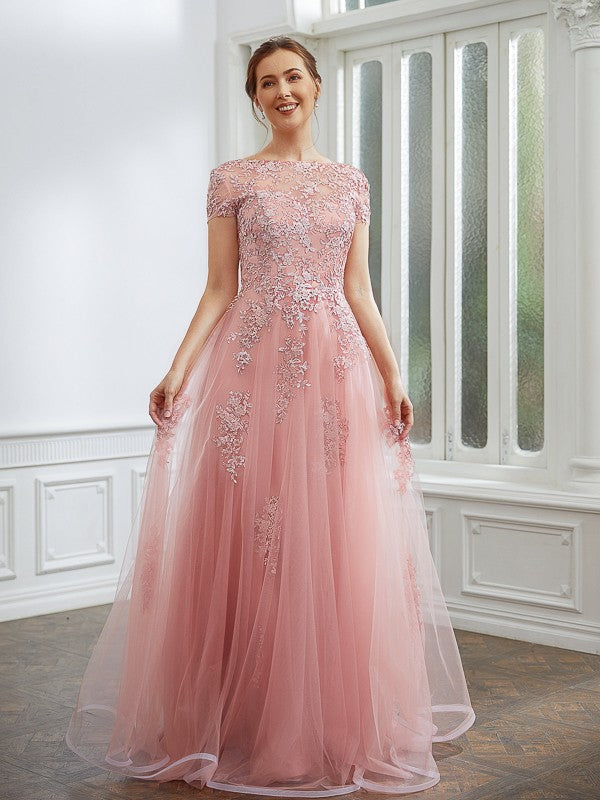 Elegant princess style chiffon applique boat shaped short sleeved and floor length dress