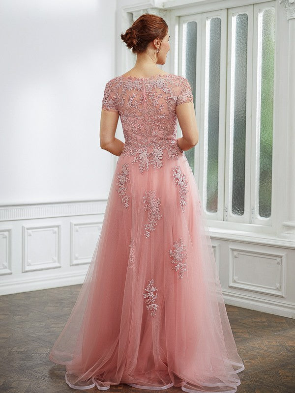 Elegant princess style chiffon applique boat shaped short sleeved and floor length dress