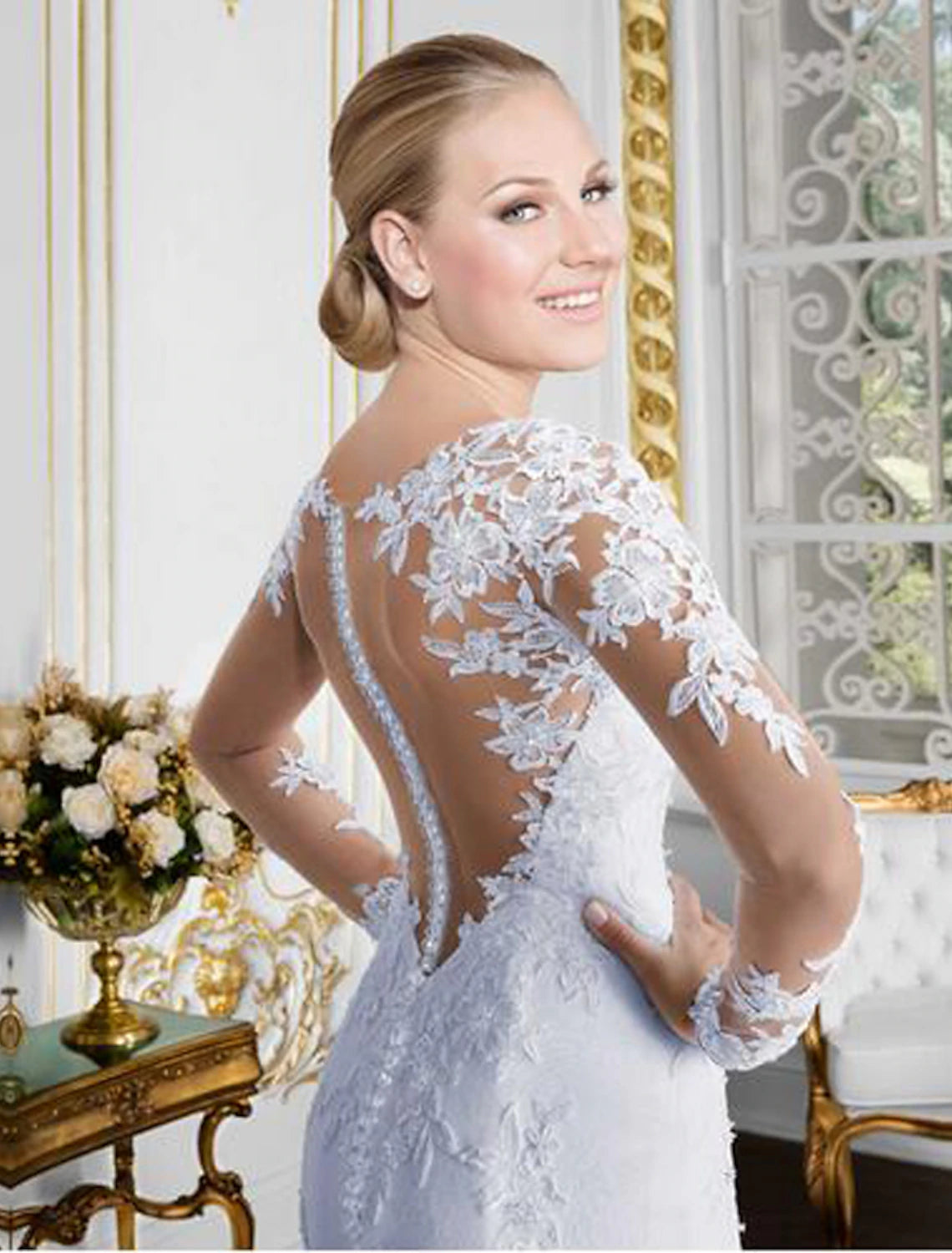 Open back sexy wedding dress mermaid horn illusion collar long sleeved car lace bride dress with lace stickers