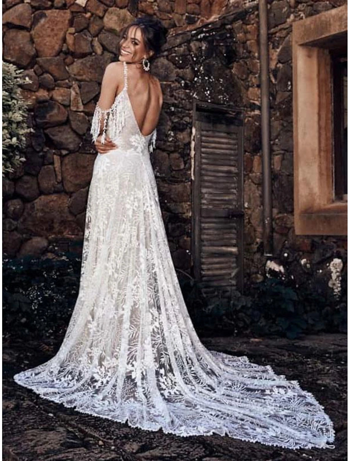 Wedding Ball Dress Off Shoulder V-Neck Shoulder Strap Train Satin Bridal Dress with pleats