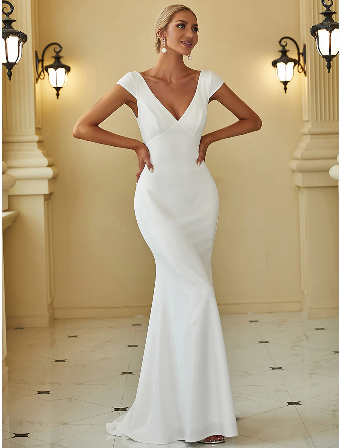 Minimalist Wedding Dress Fishtail/Small V-neck Cap Sleeves Sweeping Elastic Fabric Bridal Dress Hanging Solid Color