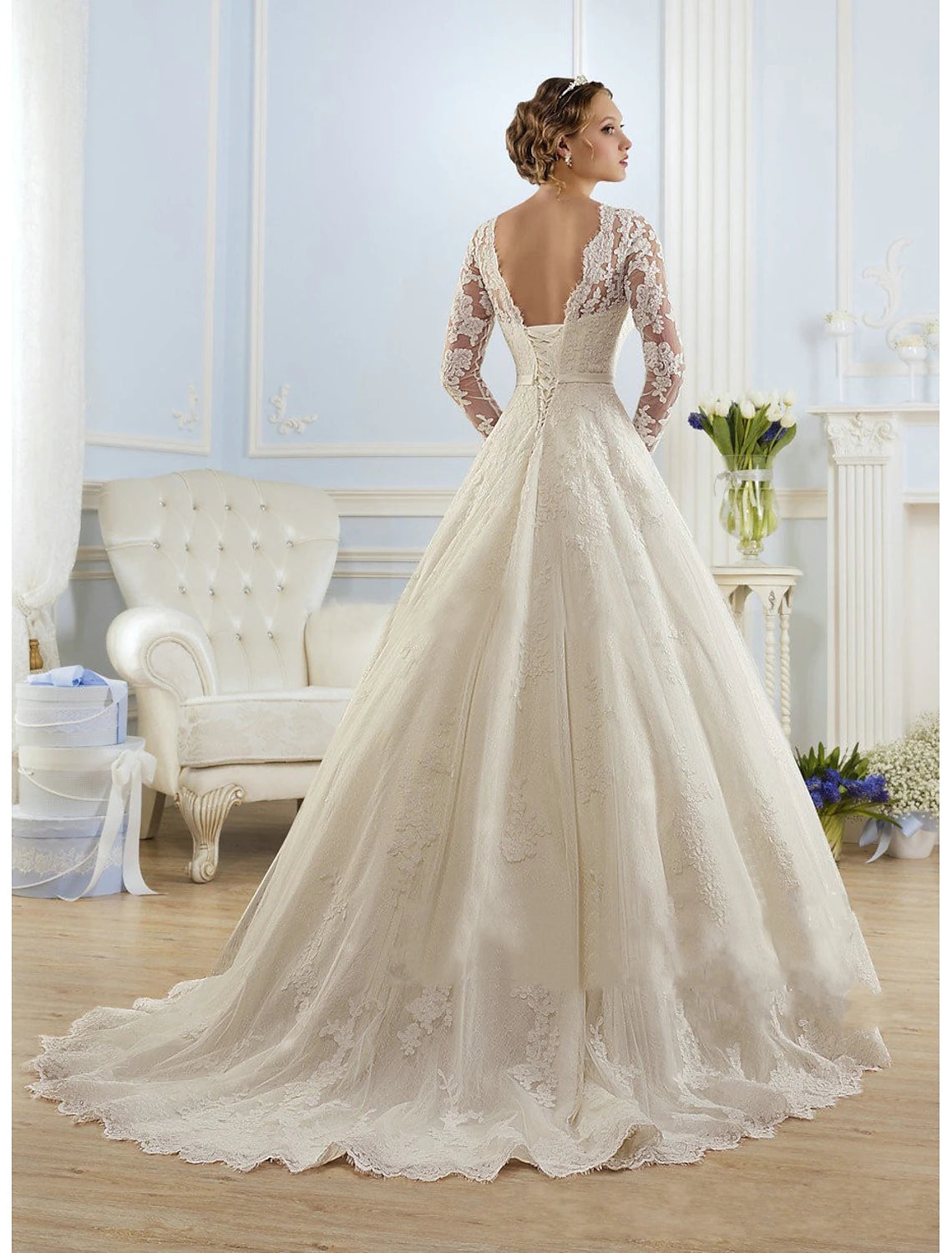 Engagement, formal wedding dress, ball dress, long sleeved court drag tail, lace bridal dress with stickers