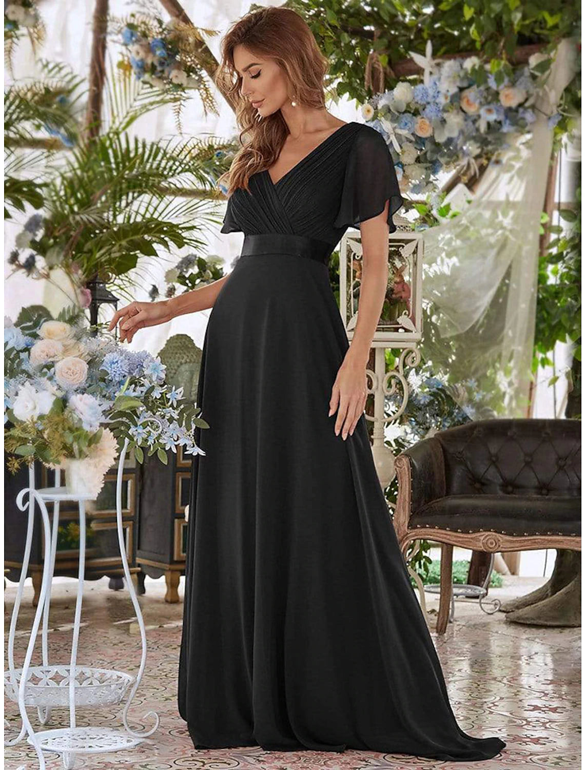 A-line Party Evening Dress Wedding Guest Long Short Sleeve V-Neck Bridesmaid Dress Chiffon V-Strap Ruffle Edge