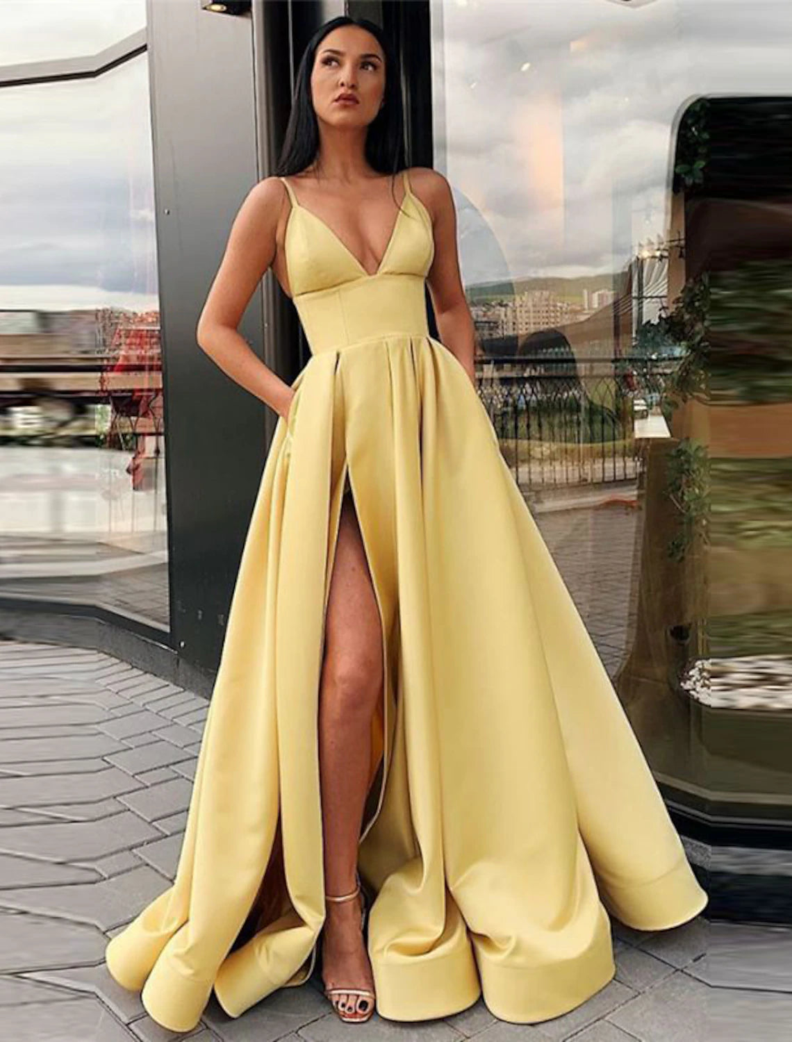 A-shaped black dress ball dress high slit evening dress day and summer dress thin shoulder strap sleeveless sweeping/brush trailing satin pleats