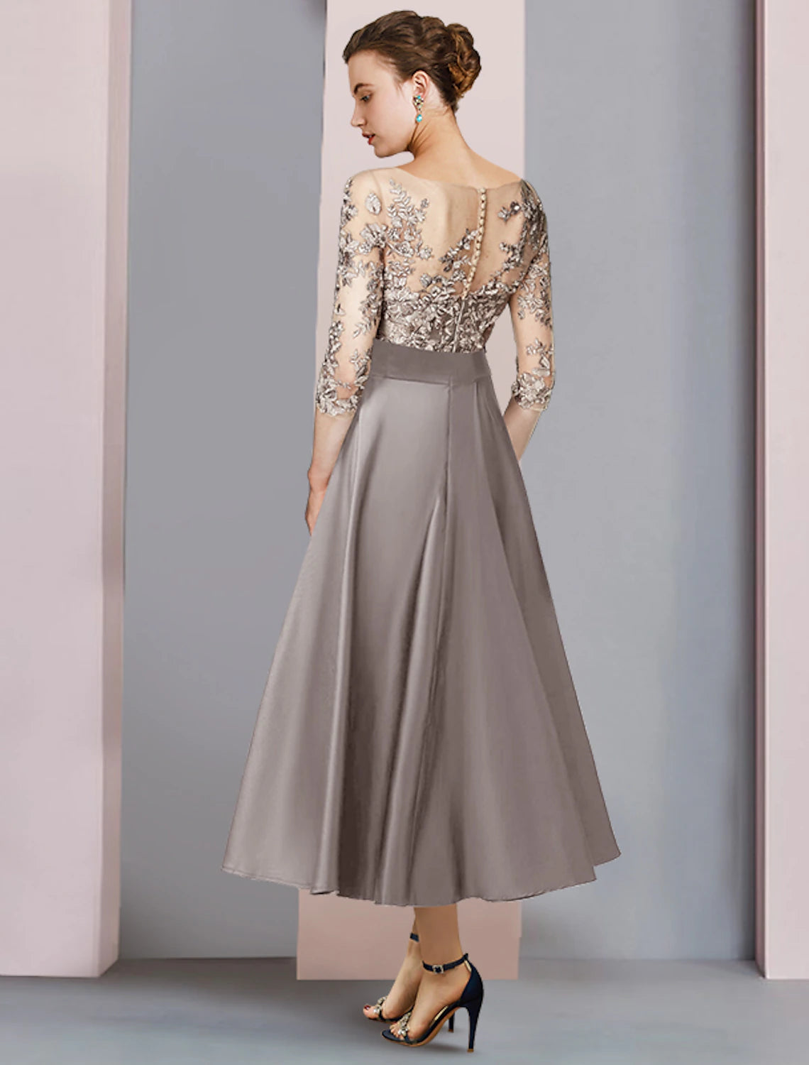 A-shaped Bride Mom Dress Wedding Guests Elegant Low Round Neck Tea Long Satin Lace Half Sleeve Bow Sticker