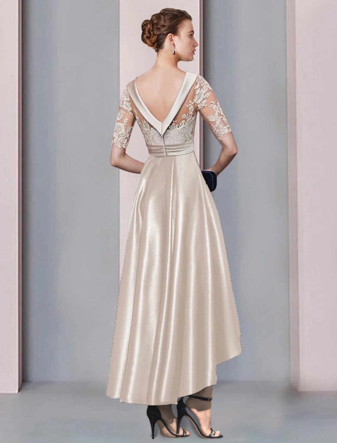 A-shaped Bride Mom Dress Wedding Guests Elegant and Generous High and Low Spoon Neck Asymmetric Tea Length Satin Lace Ribbon Applique