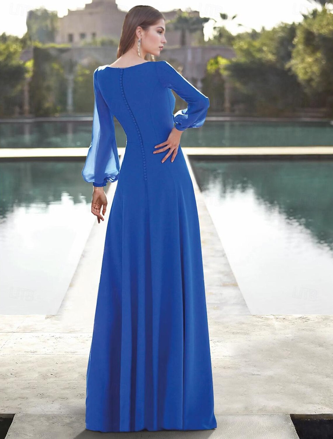A-shaped Guest Dress Elegant Formal Wedding Dress Guest Long sleeved V-neck Chiffon Crystal Lace