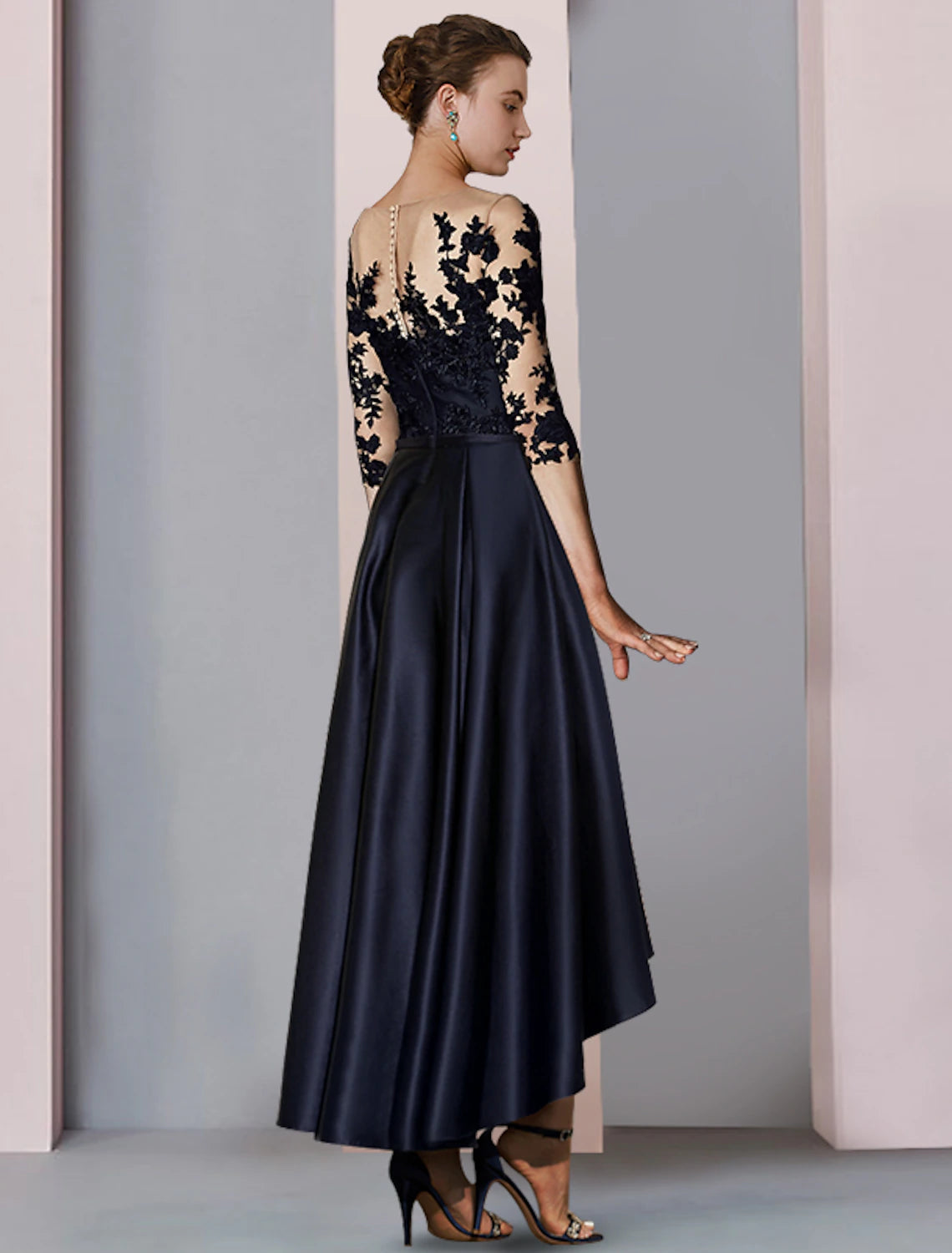 A-shaped Bride Mom Formal Dress Wedding Elegant High Low Spoon Neck Asymmetric Tea Length Satin Lace 3/4 Long Sleeves with Folded Stickers