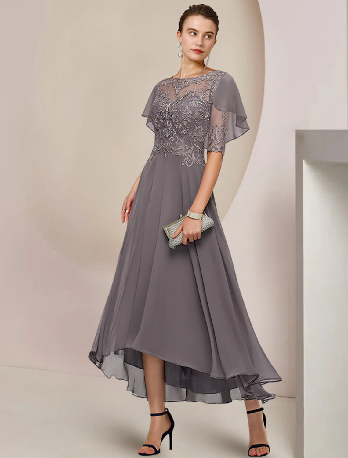 A-shaped Bride Mom Dress Fashion Trend Wedding Guests Elegant Spoon Neck Asymmetric Tea Length Chiffon Lace Half Cuff Beaded Applique