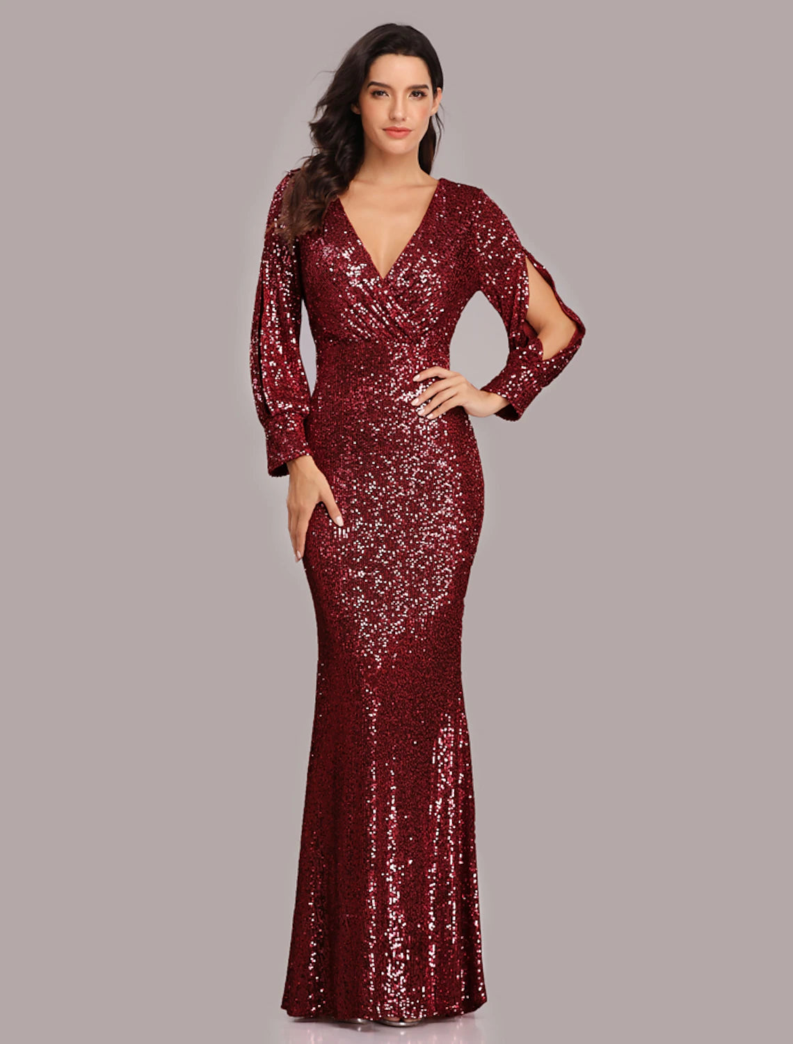 Mermaid Loudspeaker Evening Dress Sparkling Dress Party Dress Wedding Guests Landing Long Sleeve V-Neck Sequins