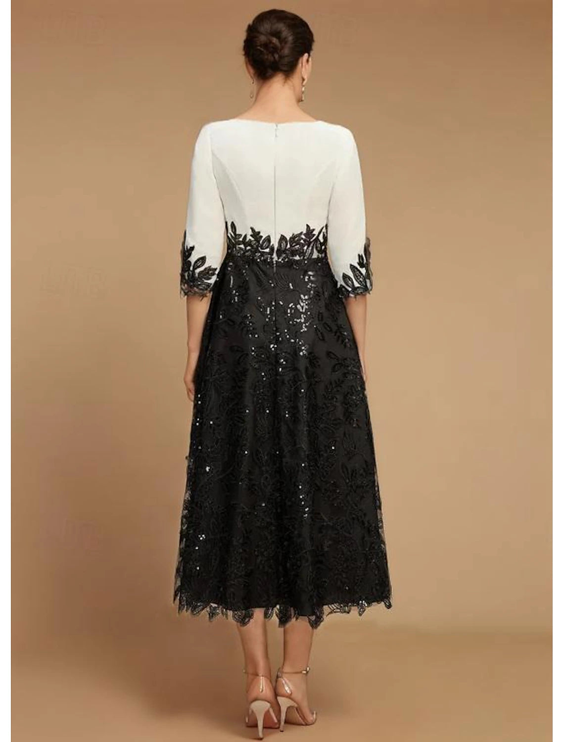 A-line Bride Mom Dress Wedding Guest Vintage Etiquette Jewel Neck Tea Long Lace Half Sleeve Lace Color Block