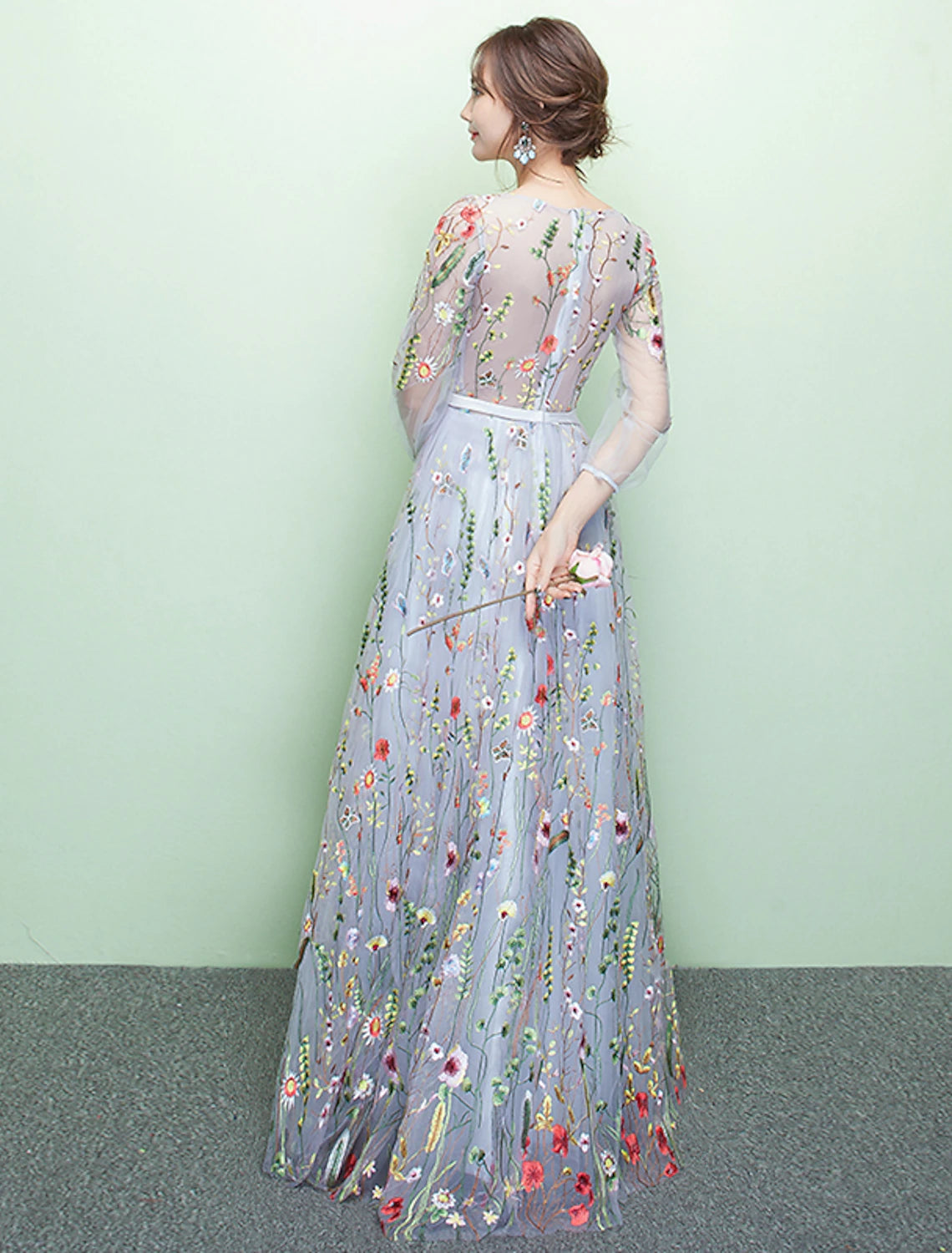 A-line Evening Dress Elegant Wedding Guests Formal Dinner Floor length 3/4 Long Sleeves Jewel Neckline Lace Embroidery